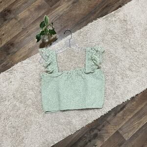 Altar'd State XL Sage Green Floral Lace Smocked Cropped Square Neck Tank NWOT